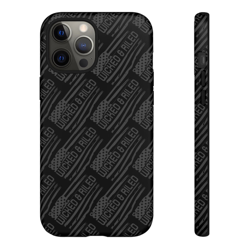 Rugged black protective phone case with "TOUGH CASES" text pattern by Printify, showcasing durability and style.