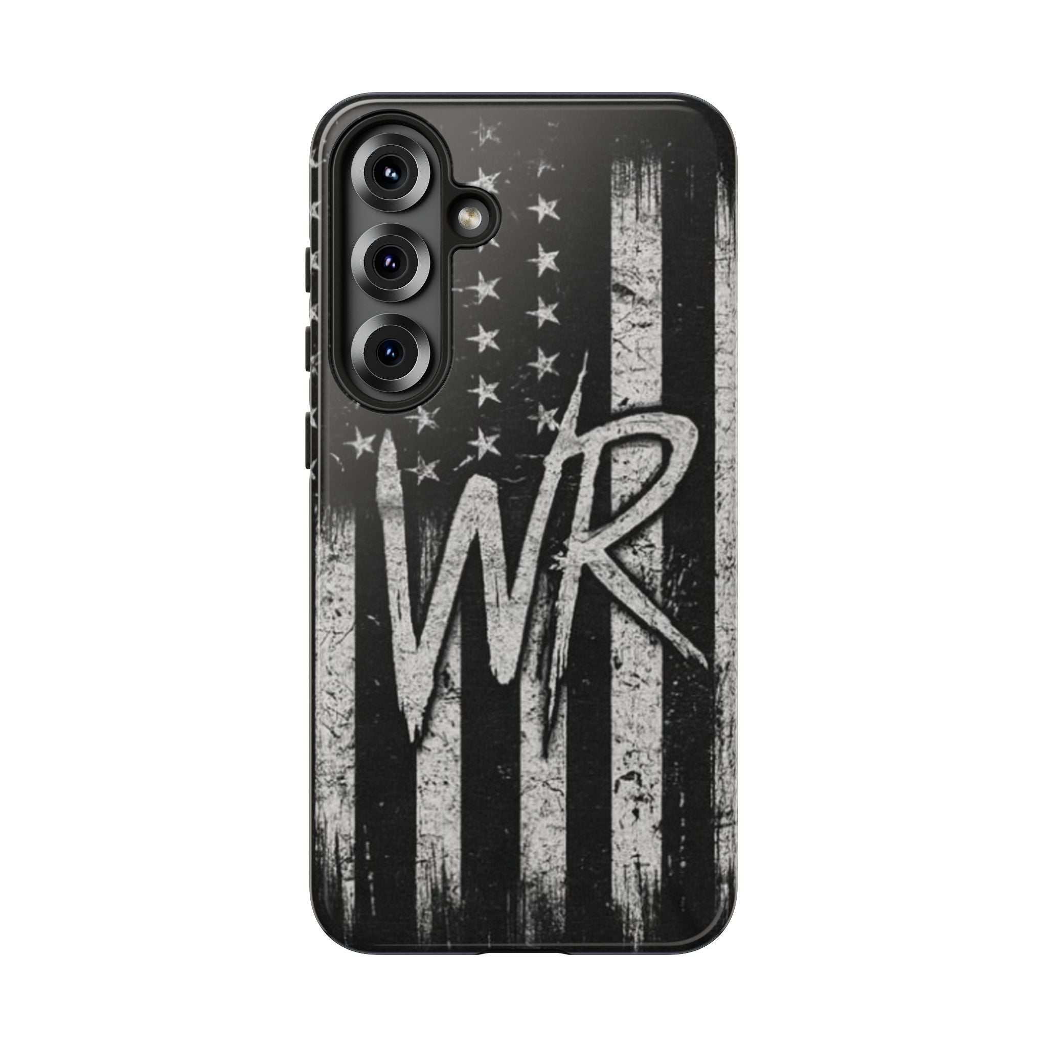Distressed American flag design on a tough phone case featuring a monogram WR by Printify.