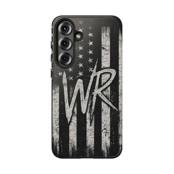 Distressed American flag design on a tough phone case featuring a monogram WR by Printify.
