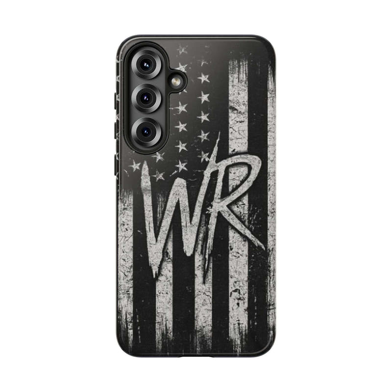 Distressed American flag design on a tough phone case featuring a monogram WR by Printify.