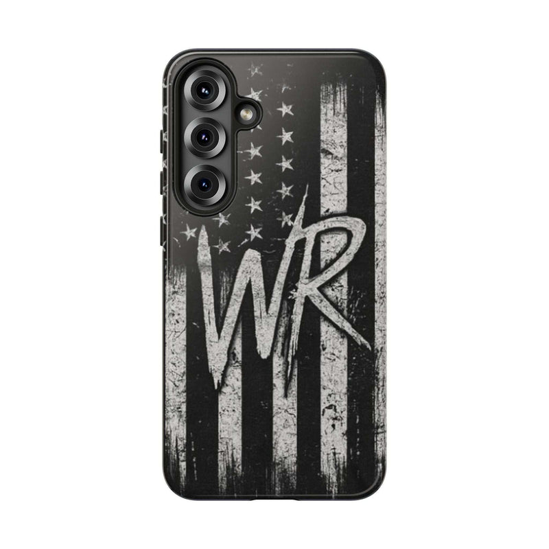 Distressed American flag design on a tough phone case featuring a monogram WR by Printify.