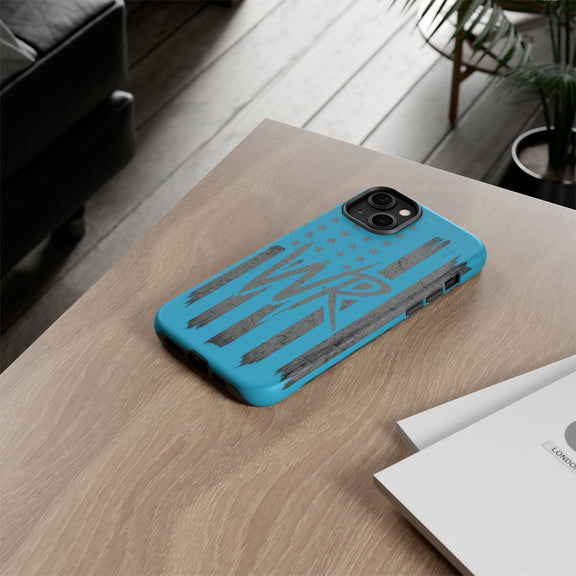 Patriotic blue 'WR' flag tough phone case by Printify with durable design and vibrant colors.