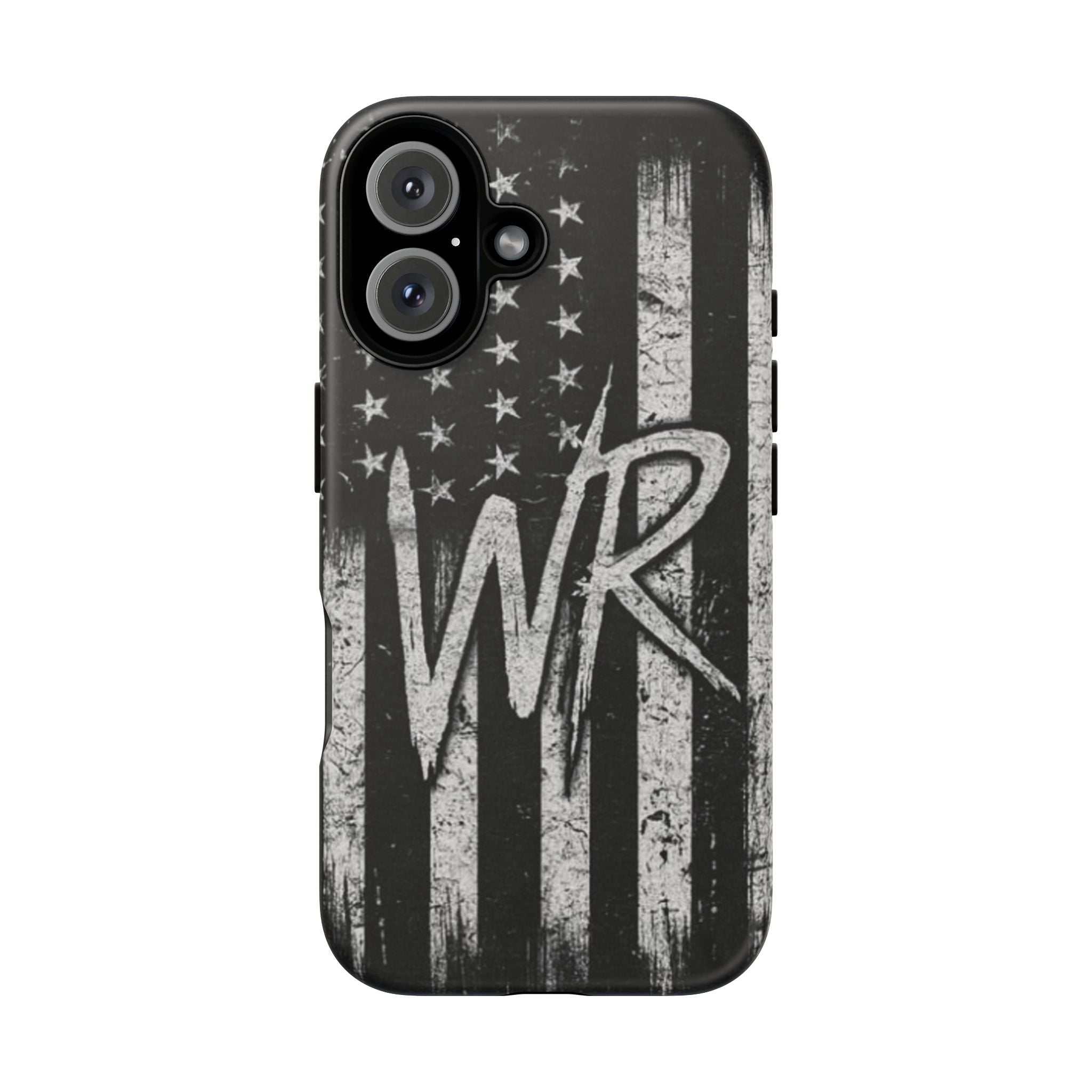 Distressed American flag pattern on a tough phone case featuring a monogram with the letters WR by Printify.