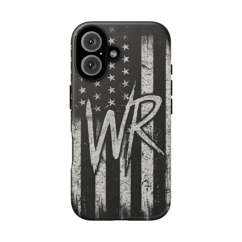 Distressed American flag pattern on a tough phone case featuring a monogram with the letters WR by Printify.