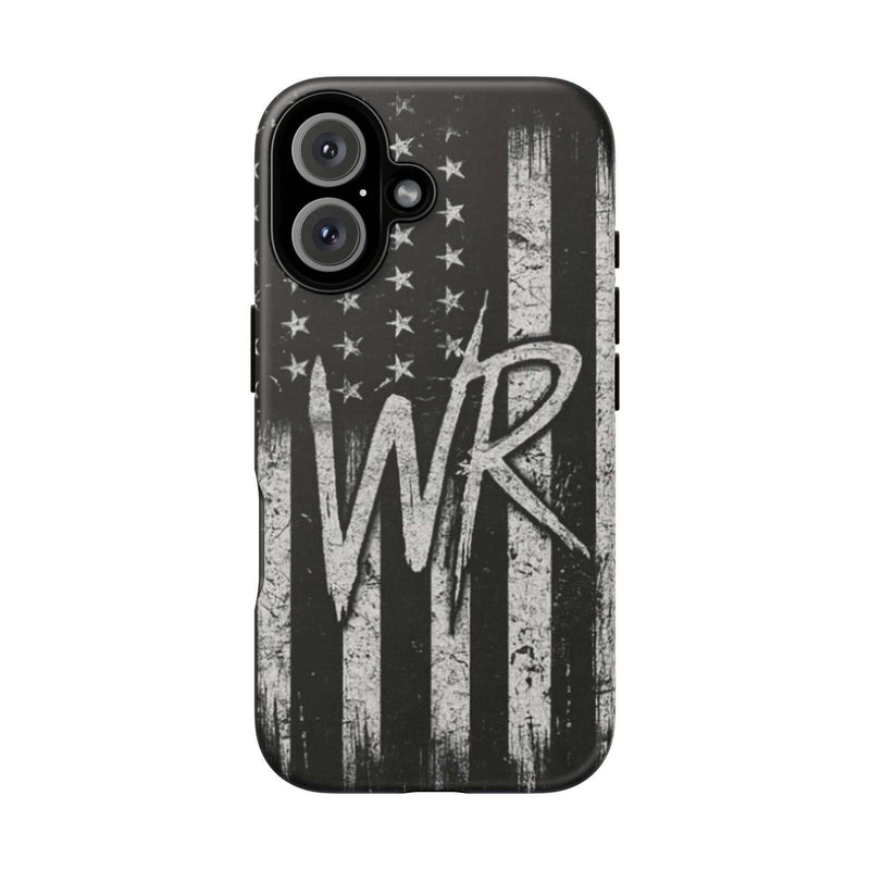 Distressed American flag pattern on a tough phone case featuring a monogram with the letters WR by Printify.