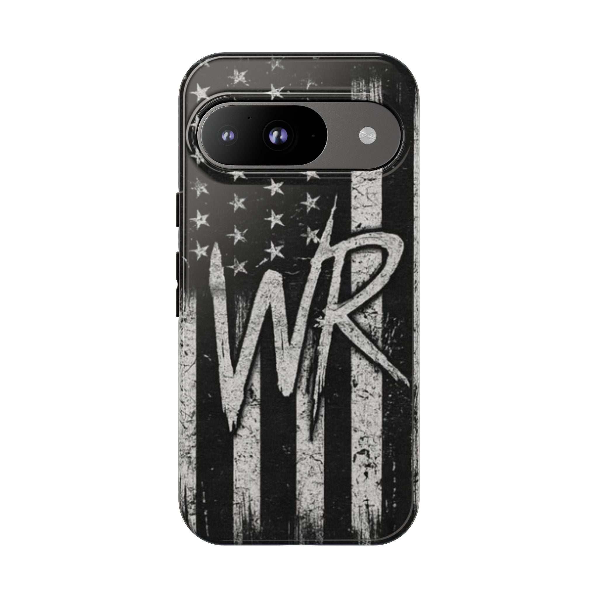 Distressed American flag phone case featuring a monogram with initials WR, designed by Printify.