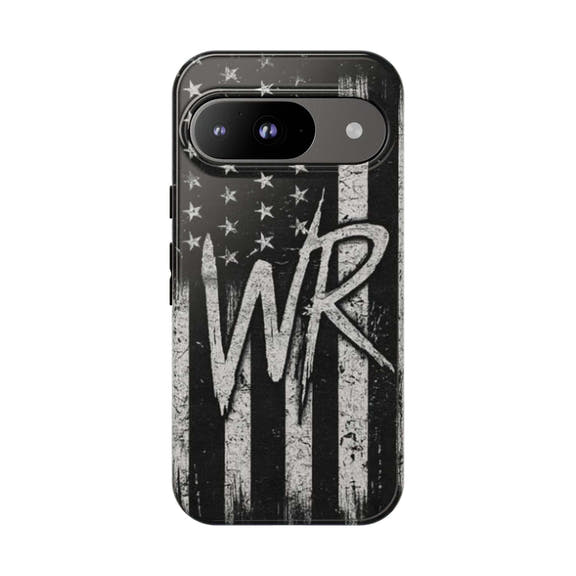 Distressed American flag phone case featuring a monogram with initials WR, designed by Printify.