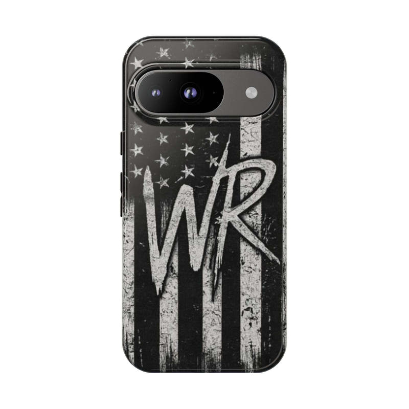 Distressed American flag phone case featuring a monogram with initials WR, designed by Printify.