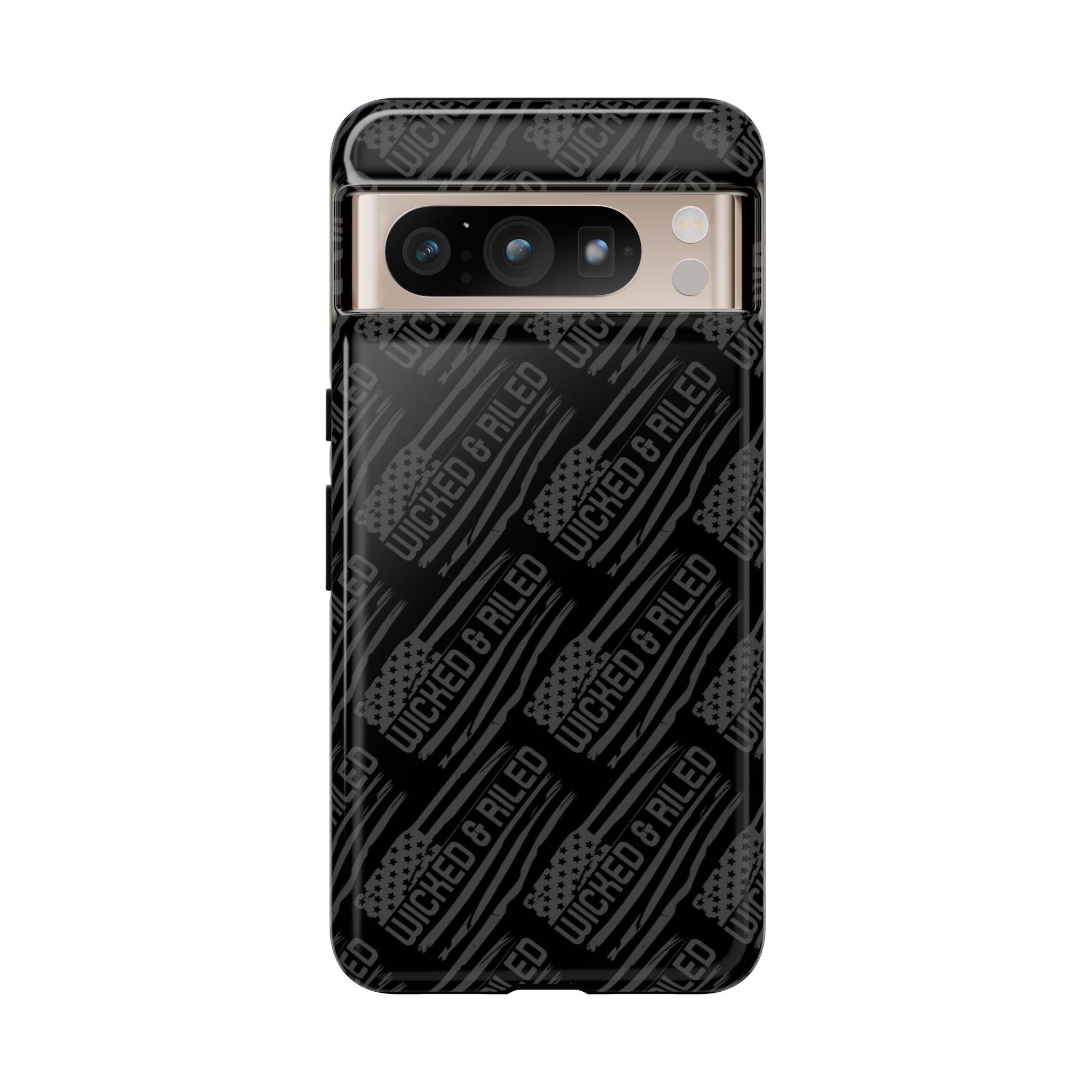 Rugged black protective phone case by Printify with a textured TOUGH CASES pattern, designed for durability and style.