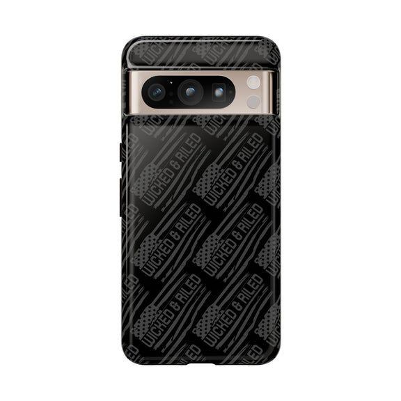 Rugged black protective phone case by Printify with a textured TOUGH CASES pattern, designed for durability and style.
