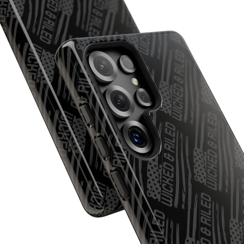 Rugged black protective phone case by Printify with a textured TOUGH CASES pattern on the surface.