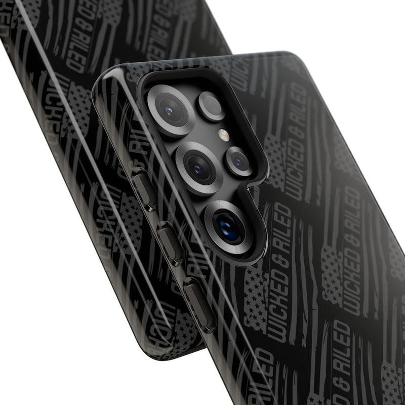 Rugged black protective phone case by Printify with a textured TOUGH CASES pattern on the surface.