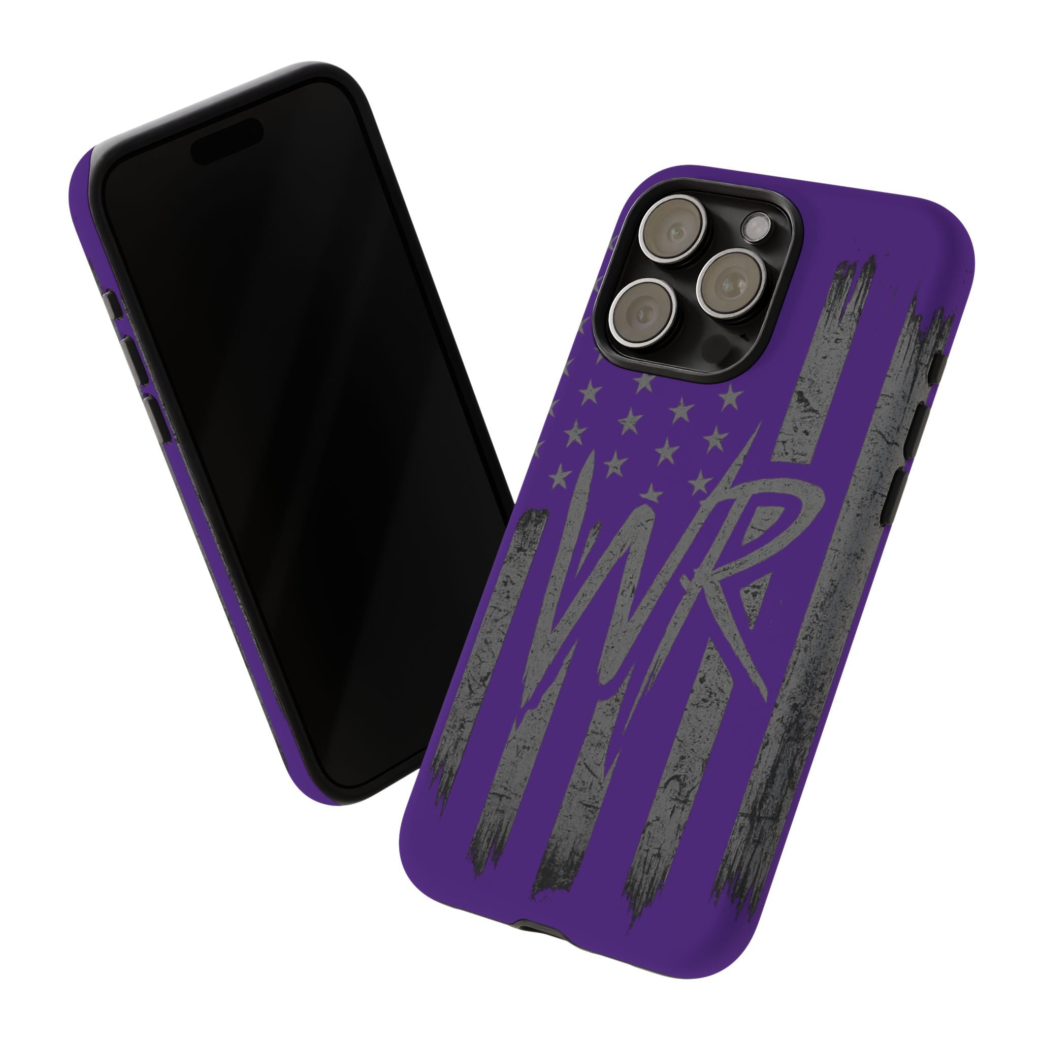 Purple 'WR' flag tough phone case by Printify with a durable design and vibrant color, ideal for protection and style.
