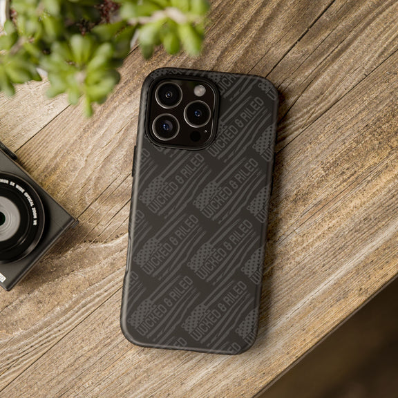 Rugged black protective phone case by Printify featuring a textured "TOUGH CASES" pattern for enhanced grip.