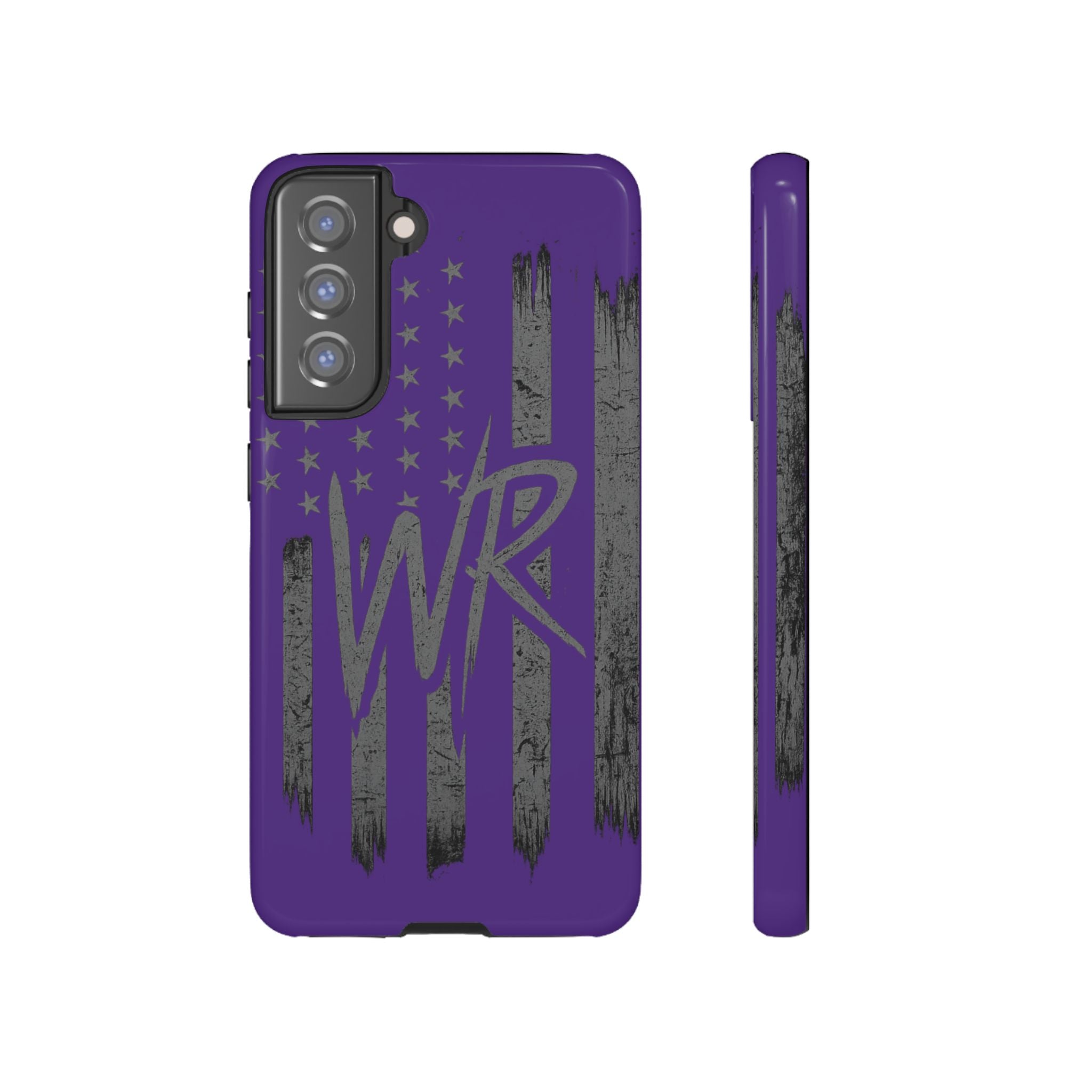 Purple 'WR' flag tough phone case by Printify, showcasing a durable design with a vibrant flag graphic.