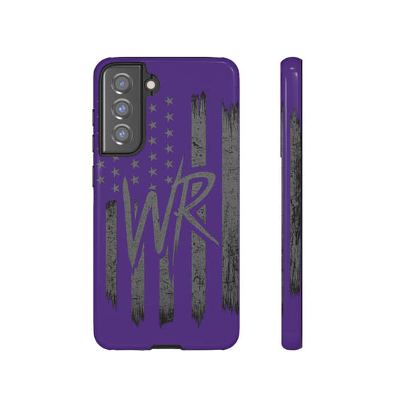 Purple 'WR' flag tough phone case by Printify, showcasing a durable design with a vibrant flag graphic.