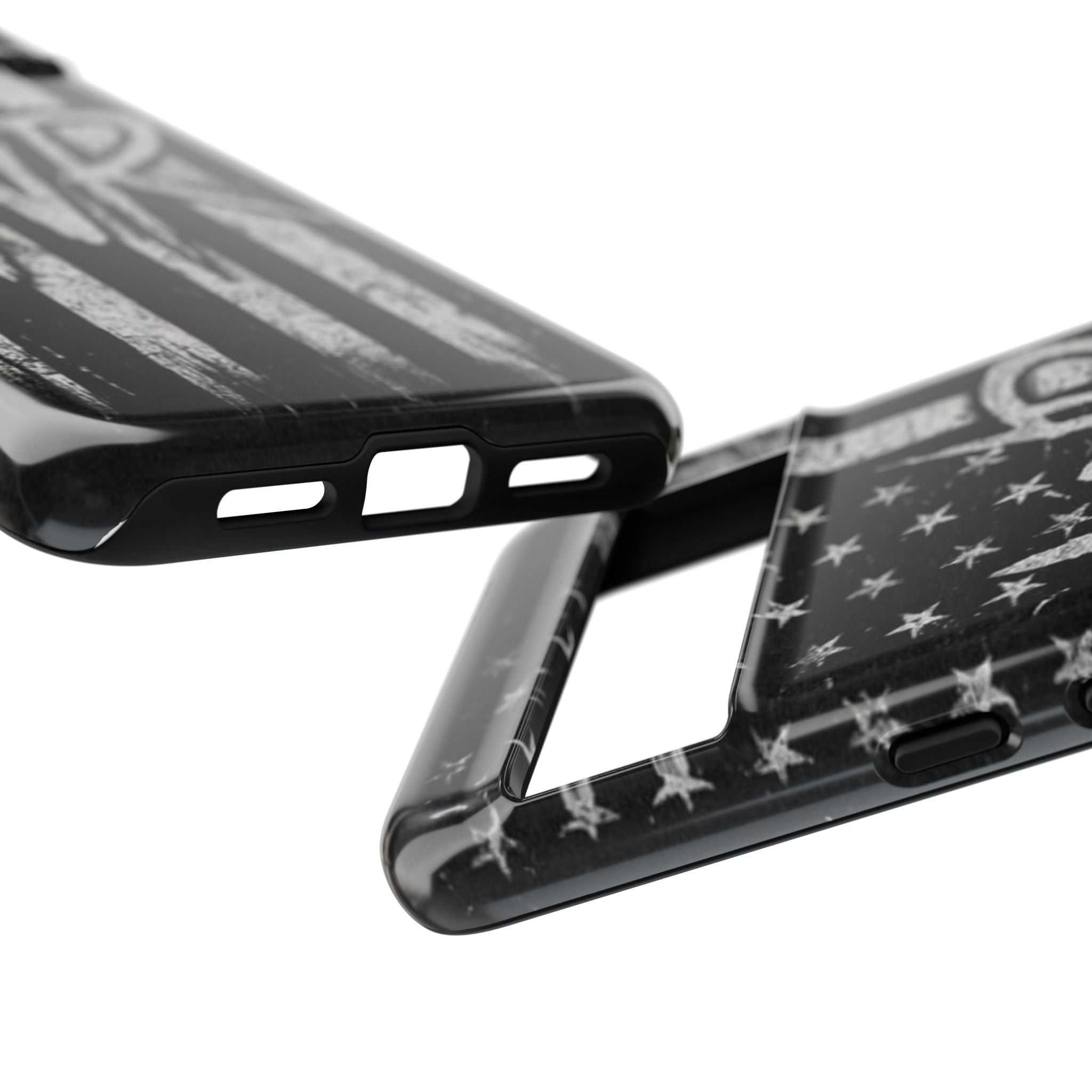 Distressed American flag phone case featuring a patriotic monogram "WR" by Printify.