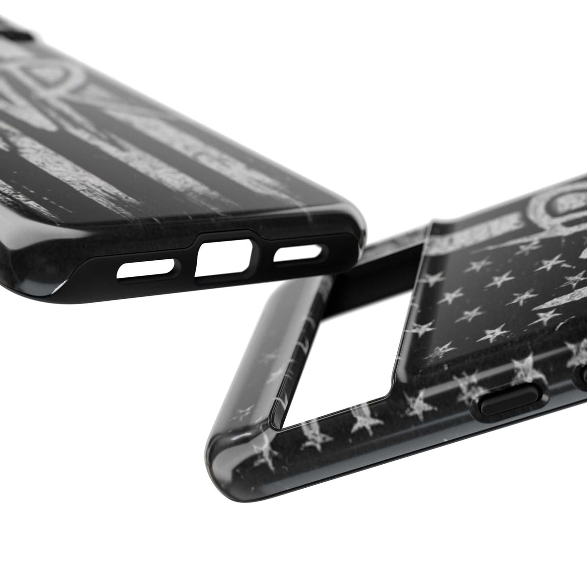 Distressed American flag phone case featuring a patriotic monogram "WR" by Printify.