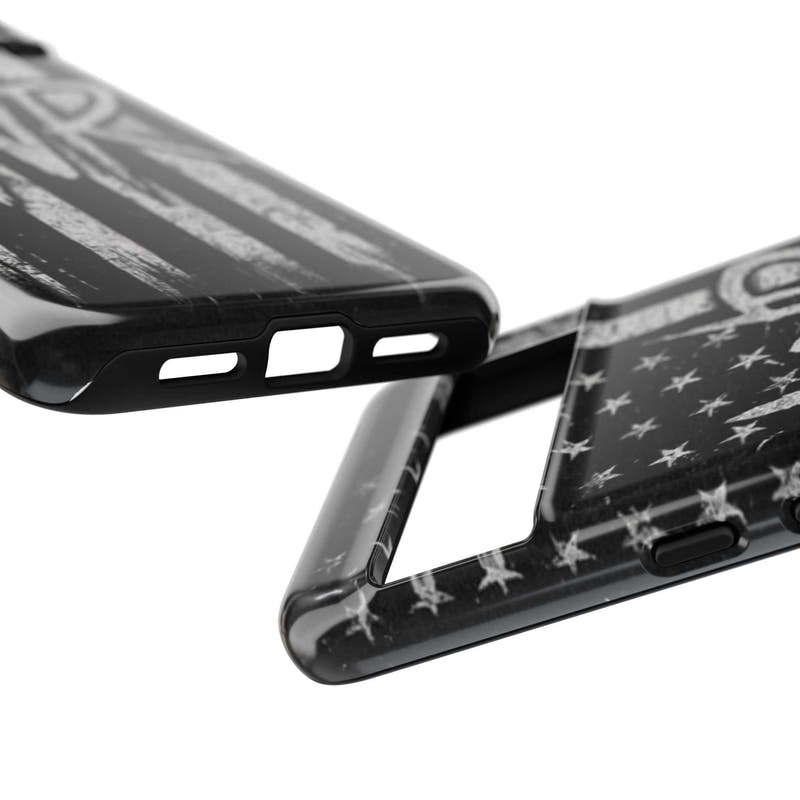Distressed American flag phone case featuring a patriotic monogram "WR" by Printify.