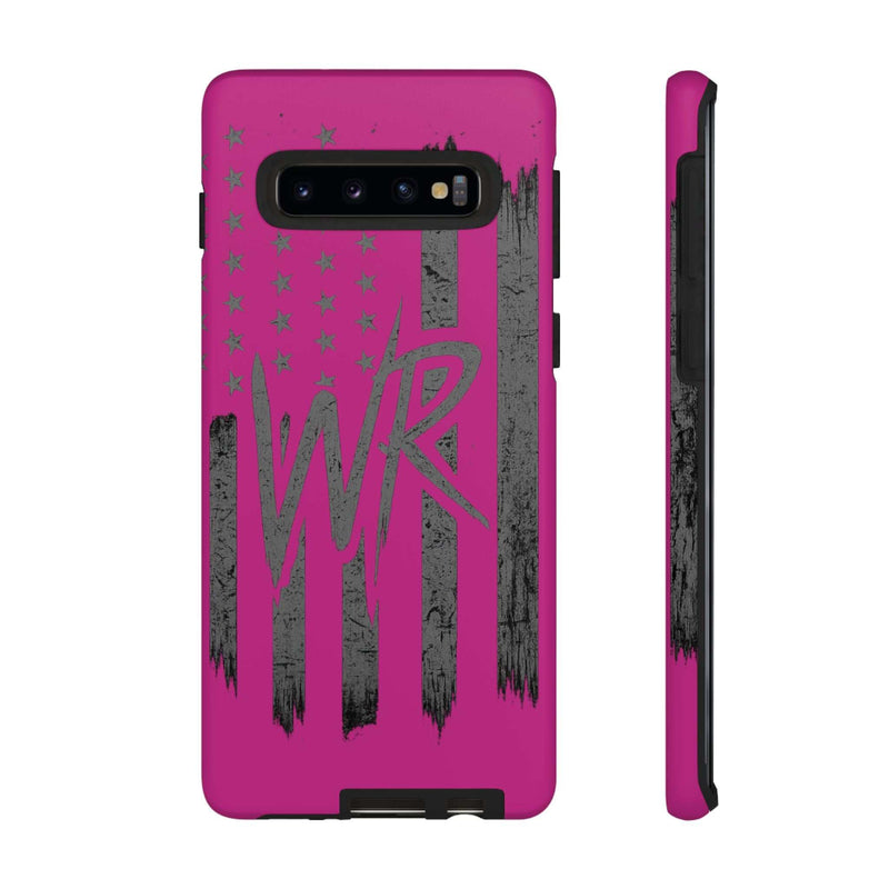 Pink 'WR' Flag Tough Phone Case by Printify featuring a durable design and vibrant flag pattern.