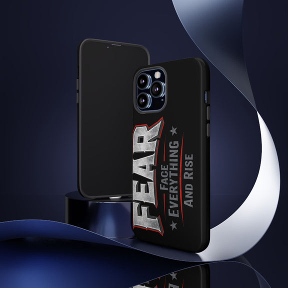 Fear Phone Case by Printify featuring a motivational design with "Face Everything and Rise" text on a sleek surface.