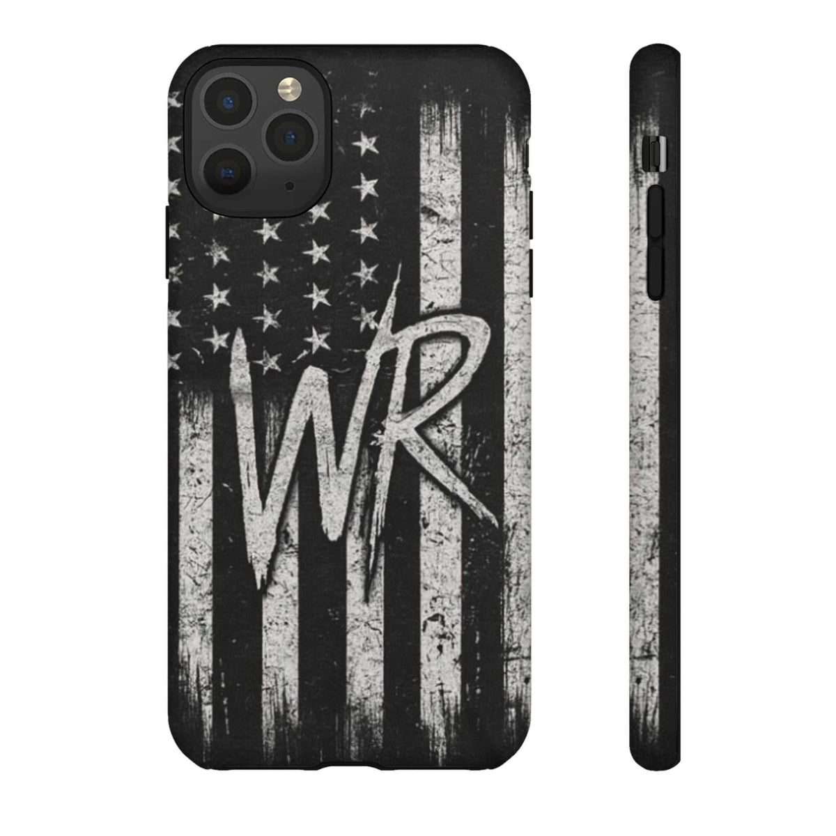 Distressed American flag design on a Patriotic Monogram Tough Phone Case featuring initials WR by Printify.