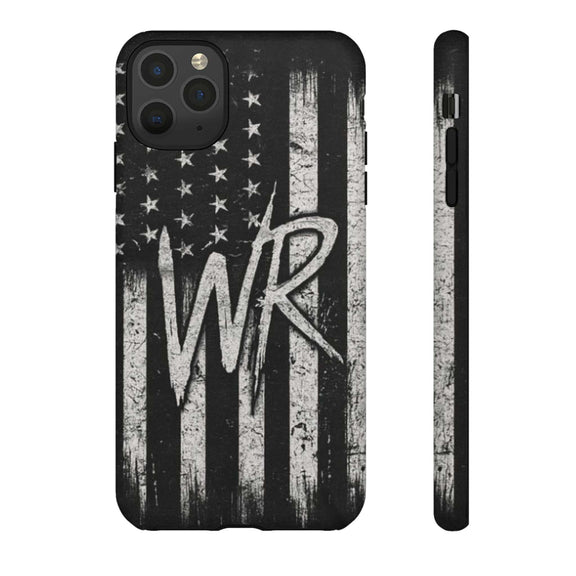 Distressed American flag design on a Patriotic Monogram Tough Phone Case featuring initials WR by Printify.