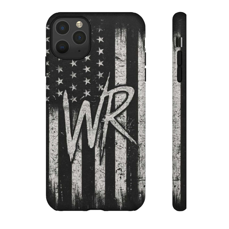 Distressed American flag design on a Patriotic Monogram Tough Phone Case featuring initials WR by Printify.