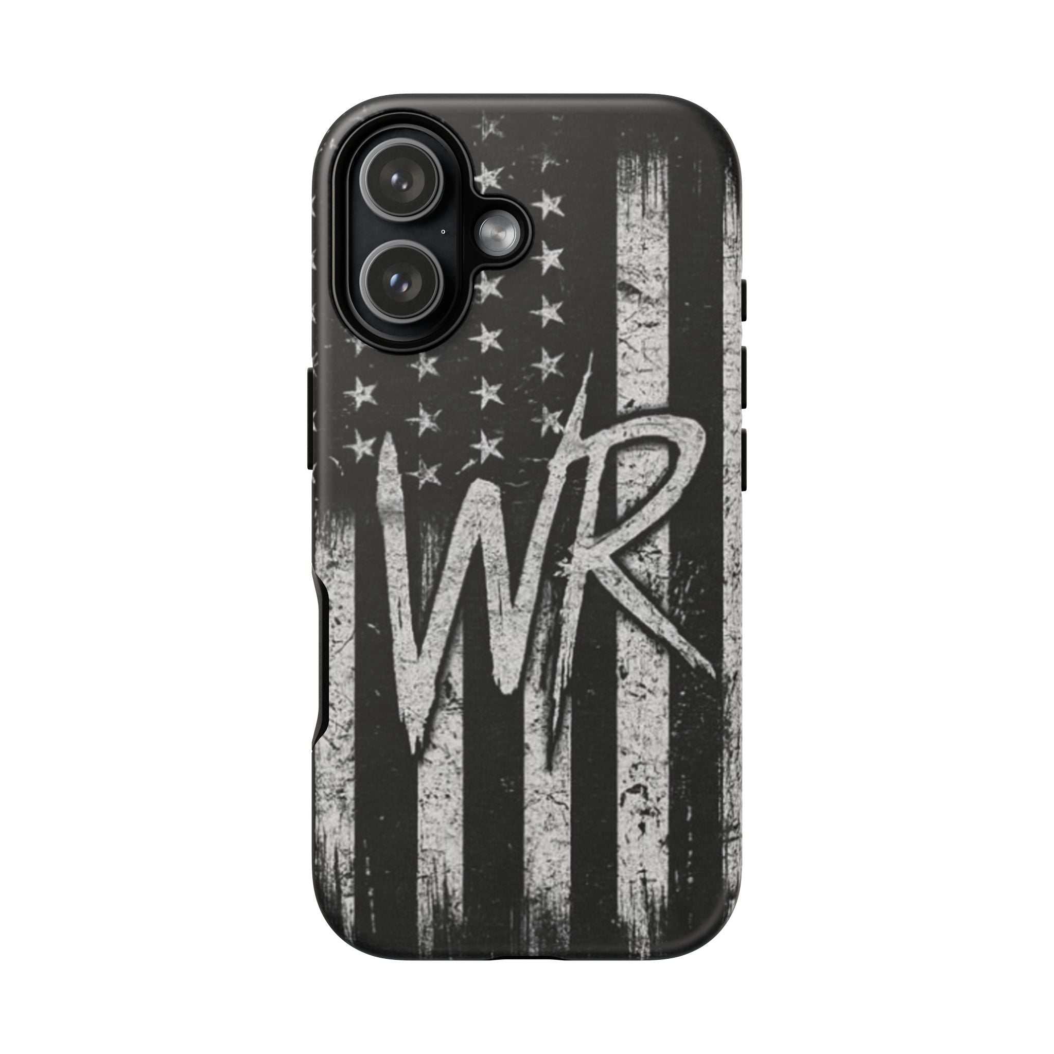 Distressed American flag phone case featuring a monogram 'WR' from Printify, designed for tough protection.