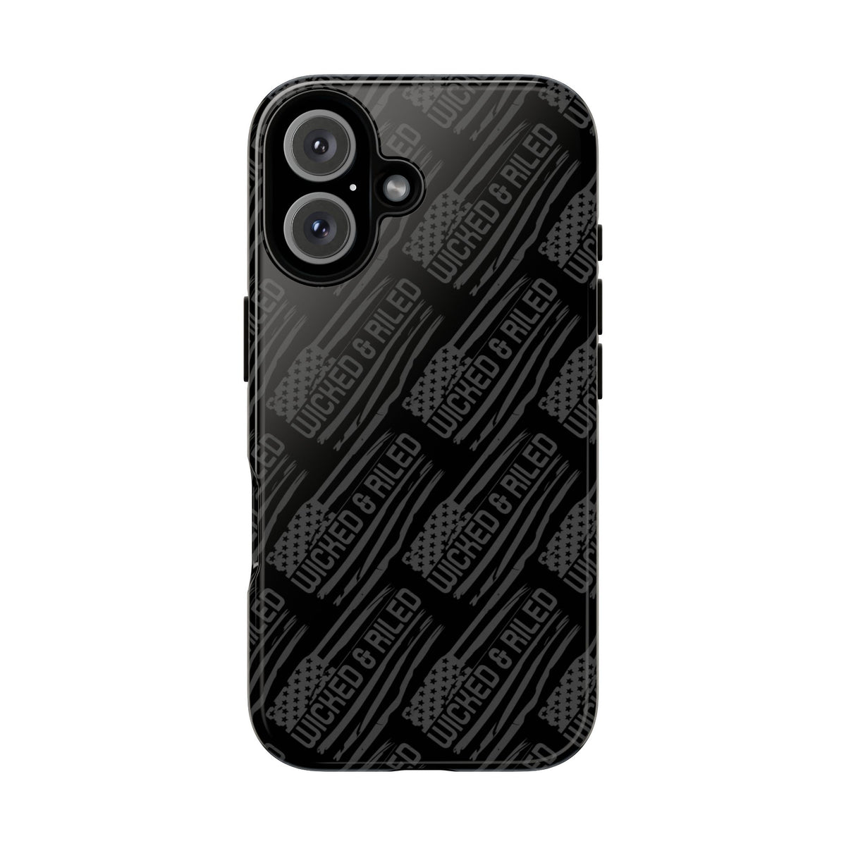 Rugged black protective phone case by Printify with a "TOUGH CASES" text pattern, designed for durability and style.