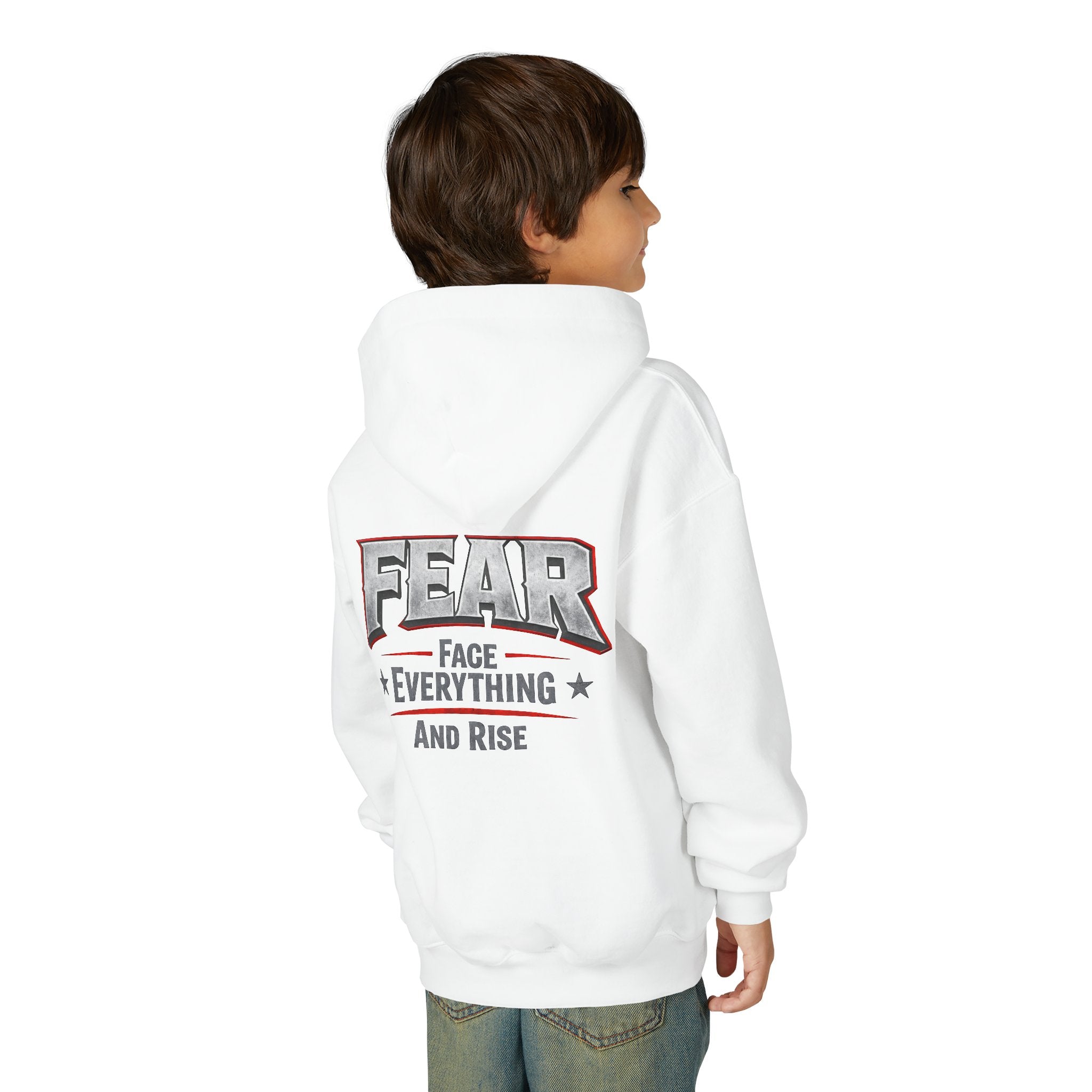 Youth Hoodie Distressed American Flag with 'WR' Front & 'Fear Face Everything And Rise' Motivational Back
