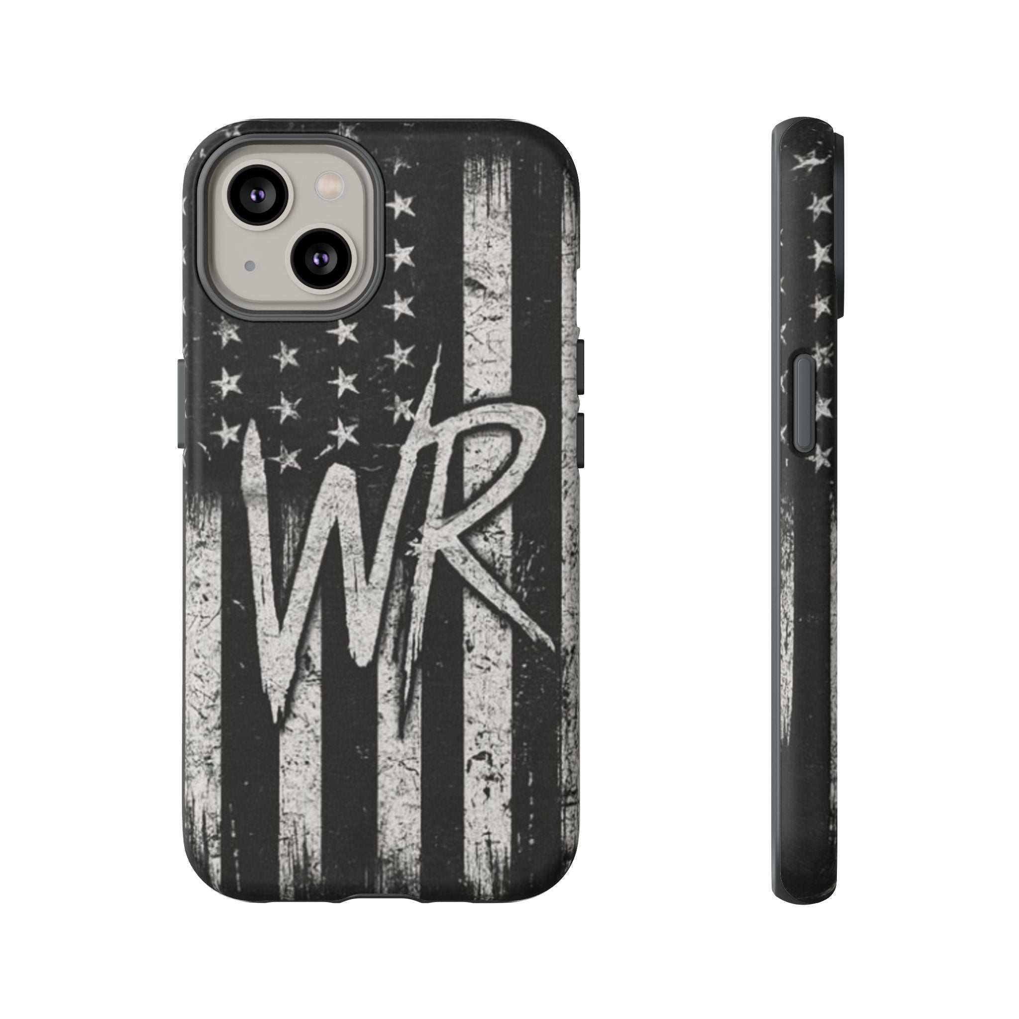 Patriotic monogram tough phone case featuring a distressed American flag design with the initials WR by Printify.