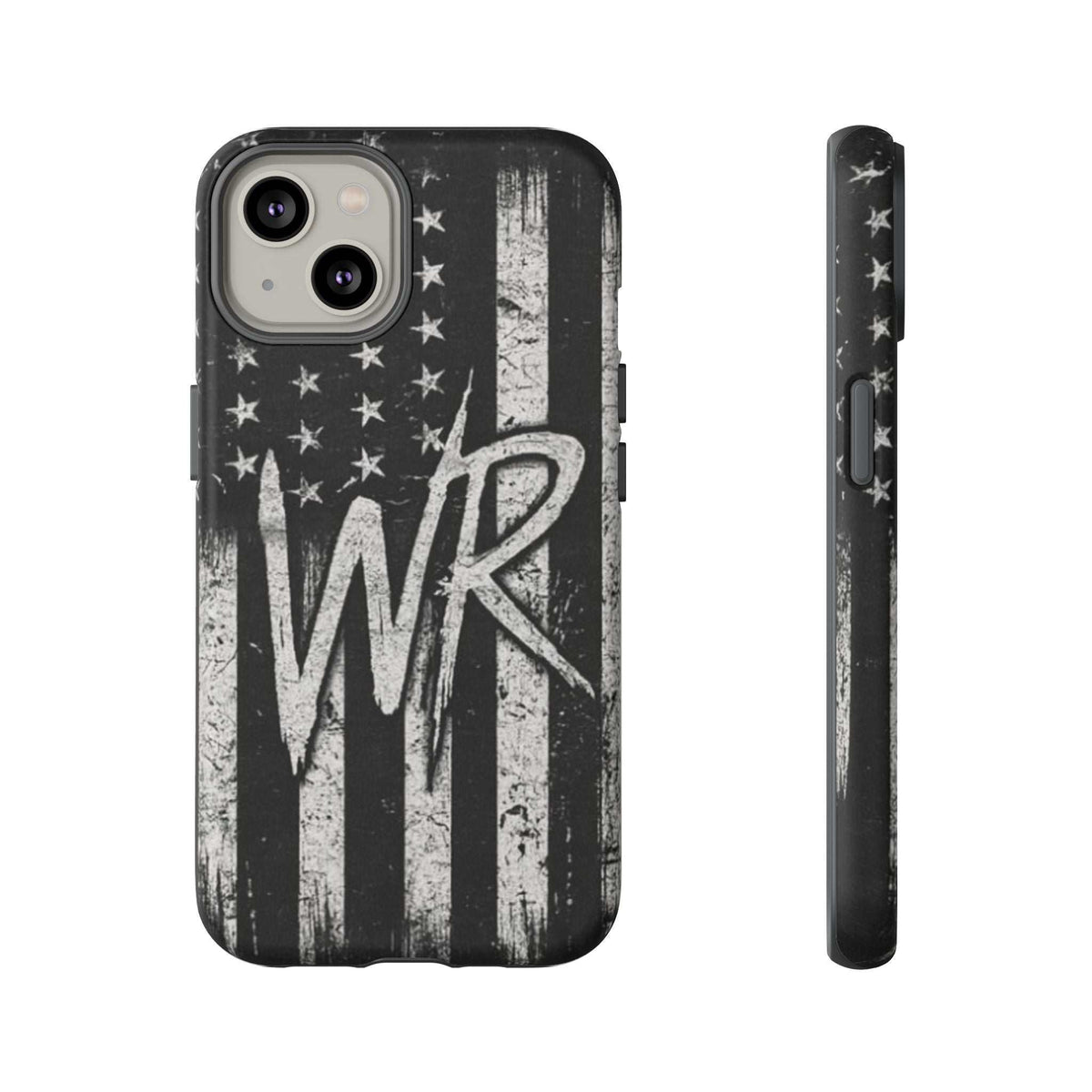 Patriotic monogram tough phone case featuring a distressed American flag design with the initials WR by Printify.