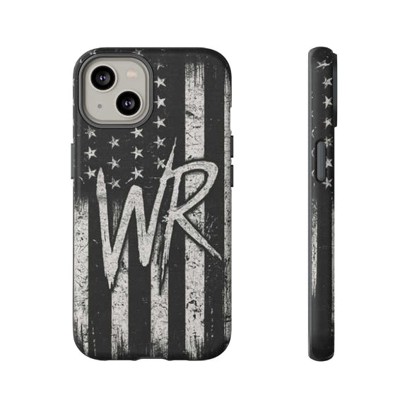 Patriotic monogram tough phone case featuring a distressed American flag design with the initials WR by Printify.