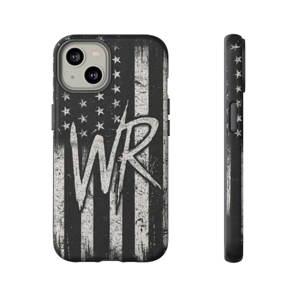 Patriotic monogram tough phone case featuring a distressed American flag design with the initials WR by Printify.