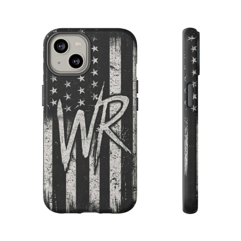 Patriotic monogram tough phone case featuring a distressed American flag design with the initials WR by Printify.
