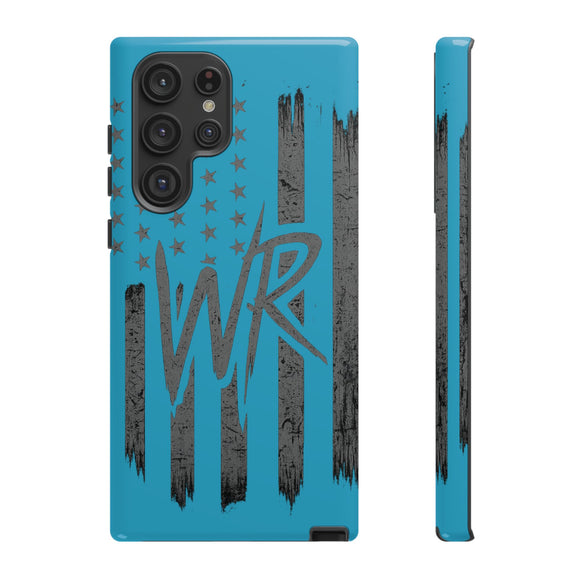 Blue 'WR' patriotic flag design on a tough phone case by Printify, showcasing durability and style.