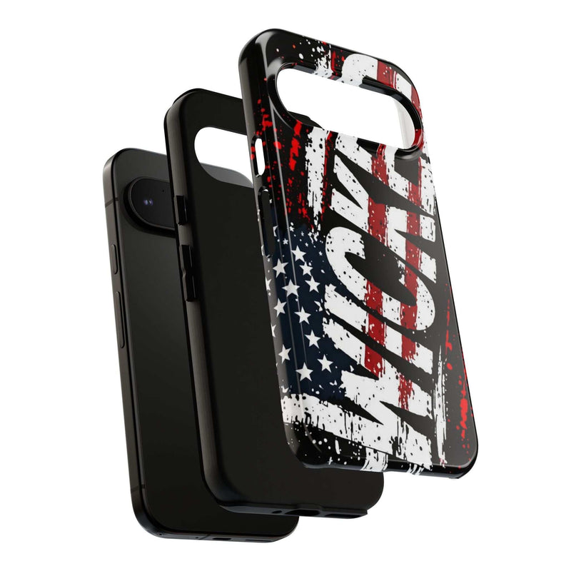 Distressed American flag phone case with "VETERAN" graphic by Printify, showcasing rugged patriotic protection design.