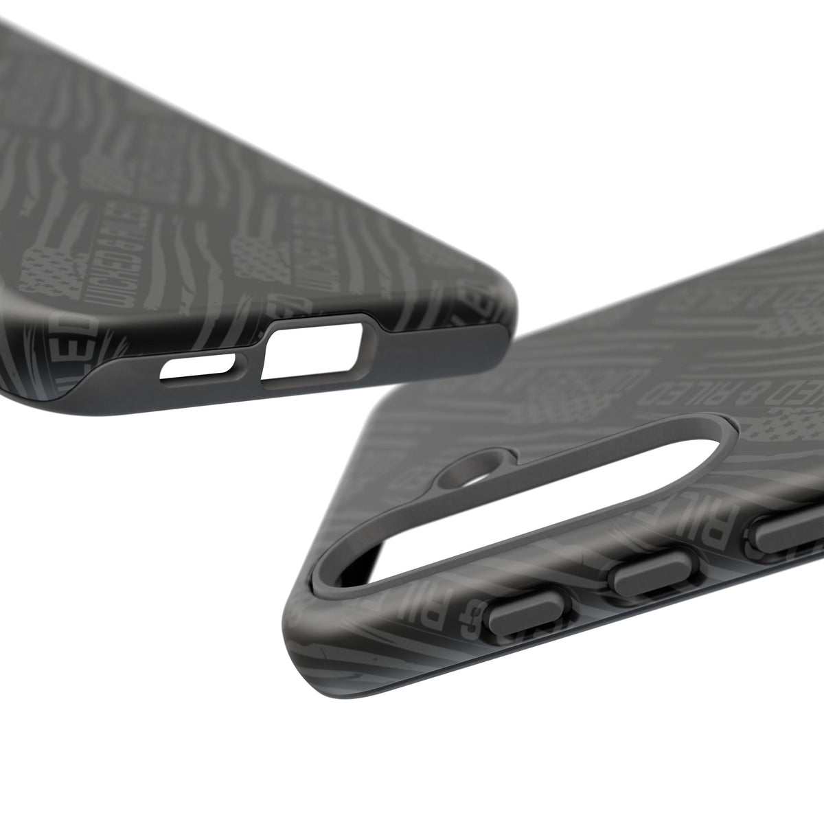 Rugged black protective phone case with "TOUGH CASES" text pattern by Printify, showcasing durability and style.