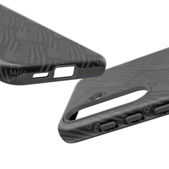 Rugged black protective phone case with "TOUGH CASES" text pattern by Printify, showcasing durability and style.