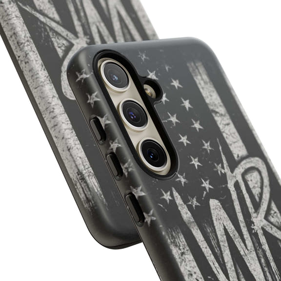 Distressed American flag design on Patriotic Monogram Tough Phone Case featuring WR by Printify.