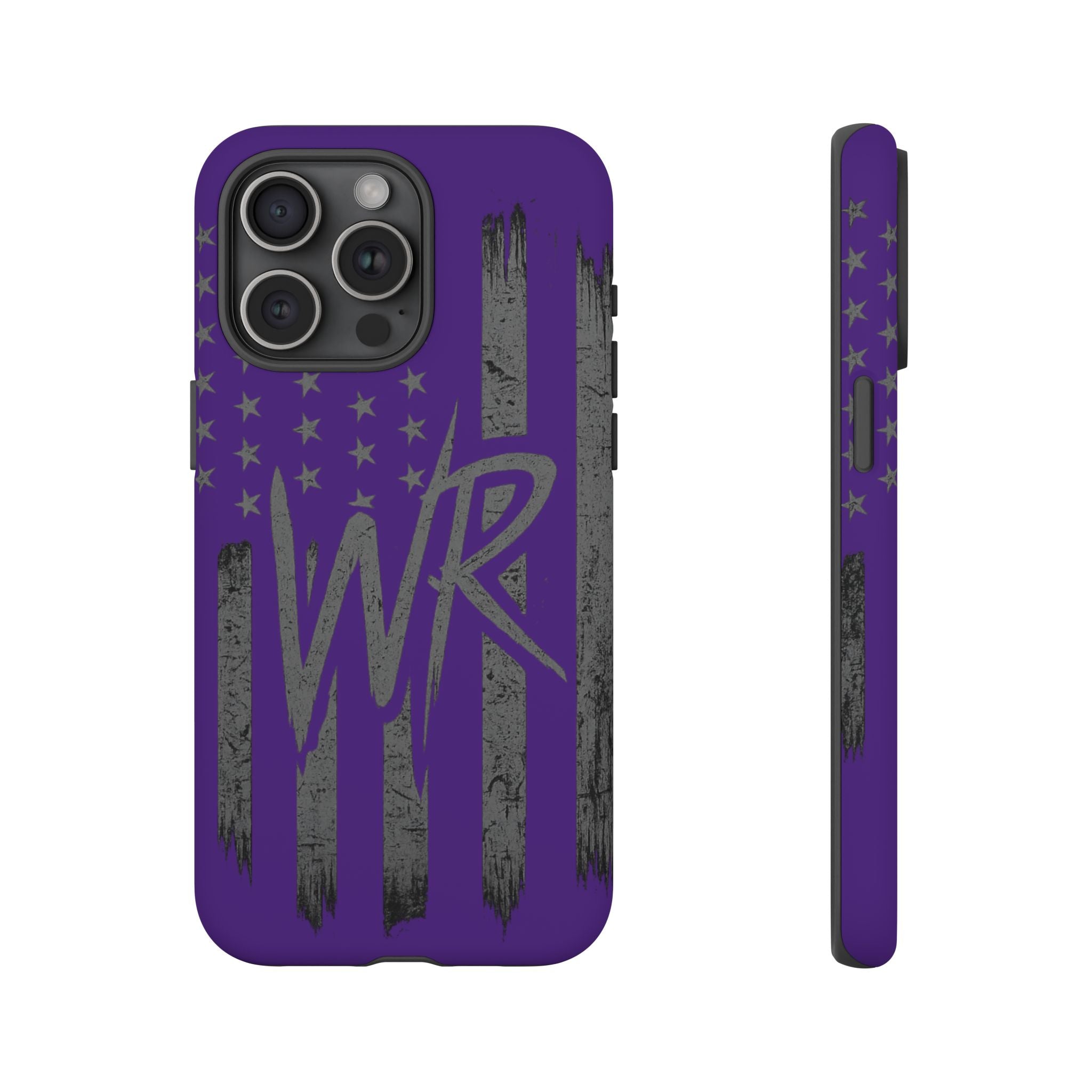 Purple 'WR' flag tough phone case by Printify, showcasing durable design and vibrant color for enhanced protection.