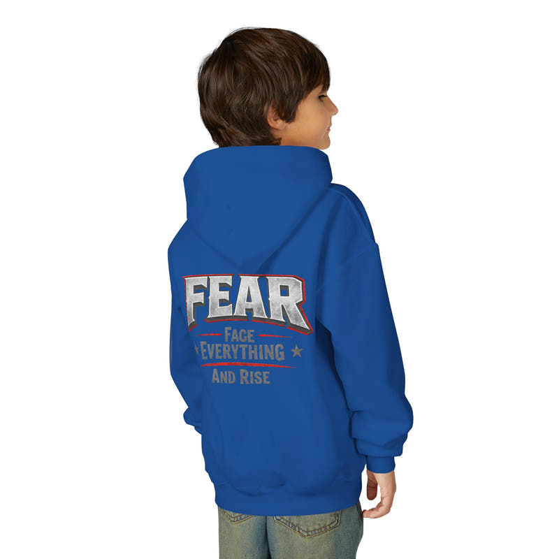 Youth Hoodie Distressed American Flag with 'WR' Front & 'Fear Face Everything And Rise' Motivational Back - Wicked & Riled Clothing