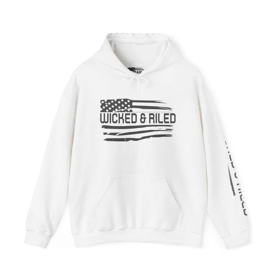 Distressed American logo on a Wicked & Riled pullover hoodie in a casual, relaxed fit by Printify.