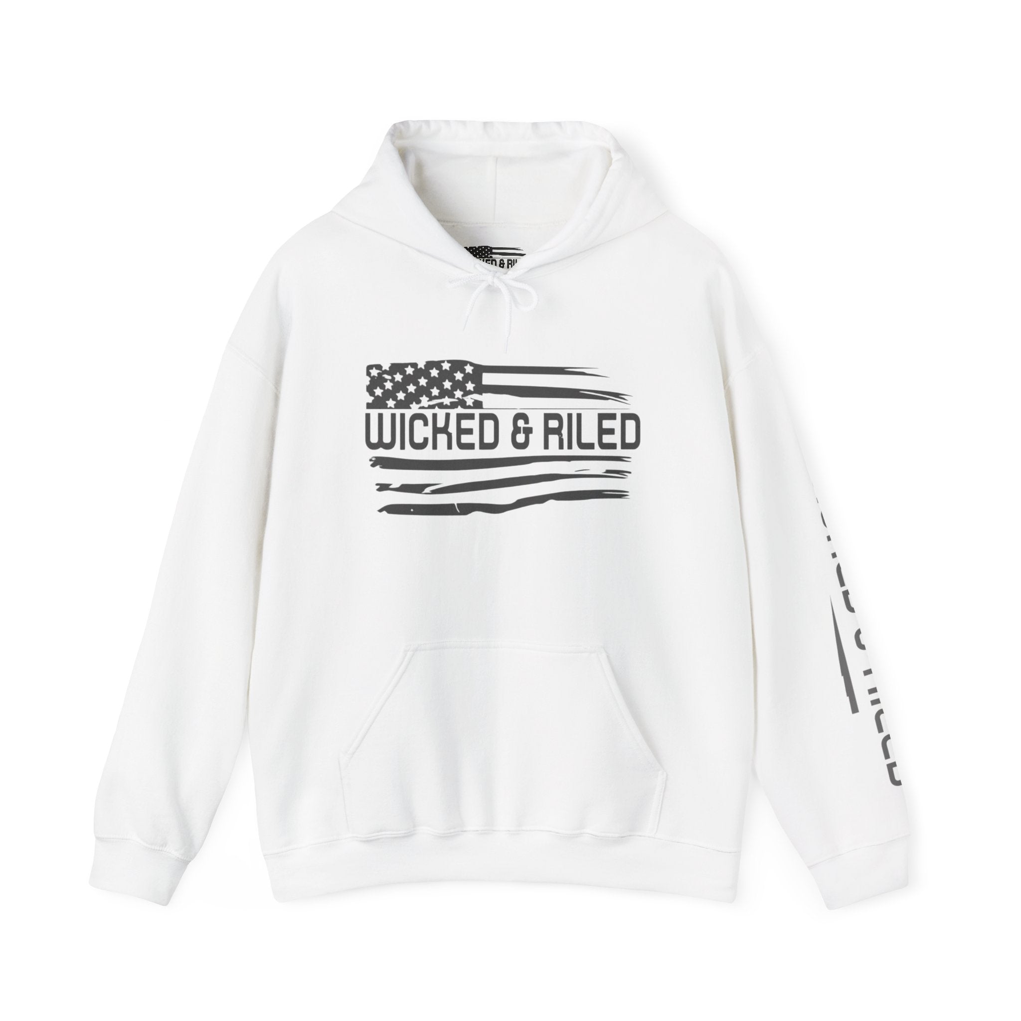 Wicked & Riled Flag Hoodie — Distressed American Logo Pullover