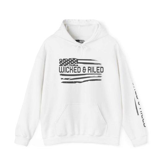 Distressed American logo on a Wicked & Riled pullover hoodie in a casual, relaxed fit by Printify.