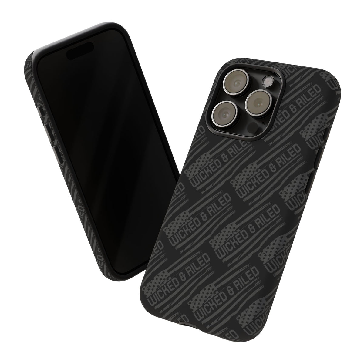 Rugged black protective phone case by Printify featuring a textured "TOUGH CASES" pattern for enhanced grip and durability.