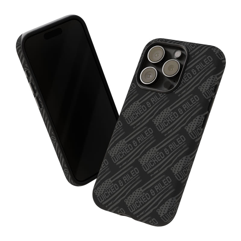 Rugged black protective phone case by Printify featuring a textured "TOUGH CASES" pattern for enhanced grip and durability.