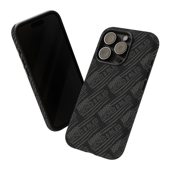 Rugged black protective phone case by Printify featuring a textured "TOUGH CASES" pattern for enhanced grip and durability.
