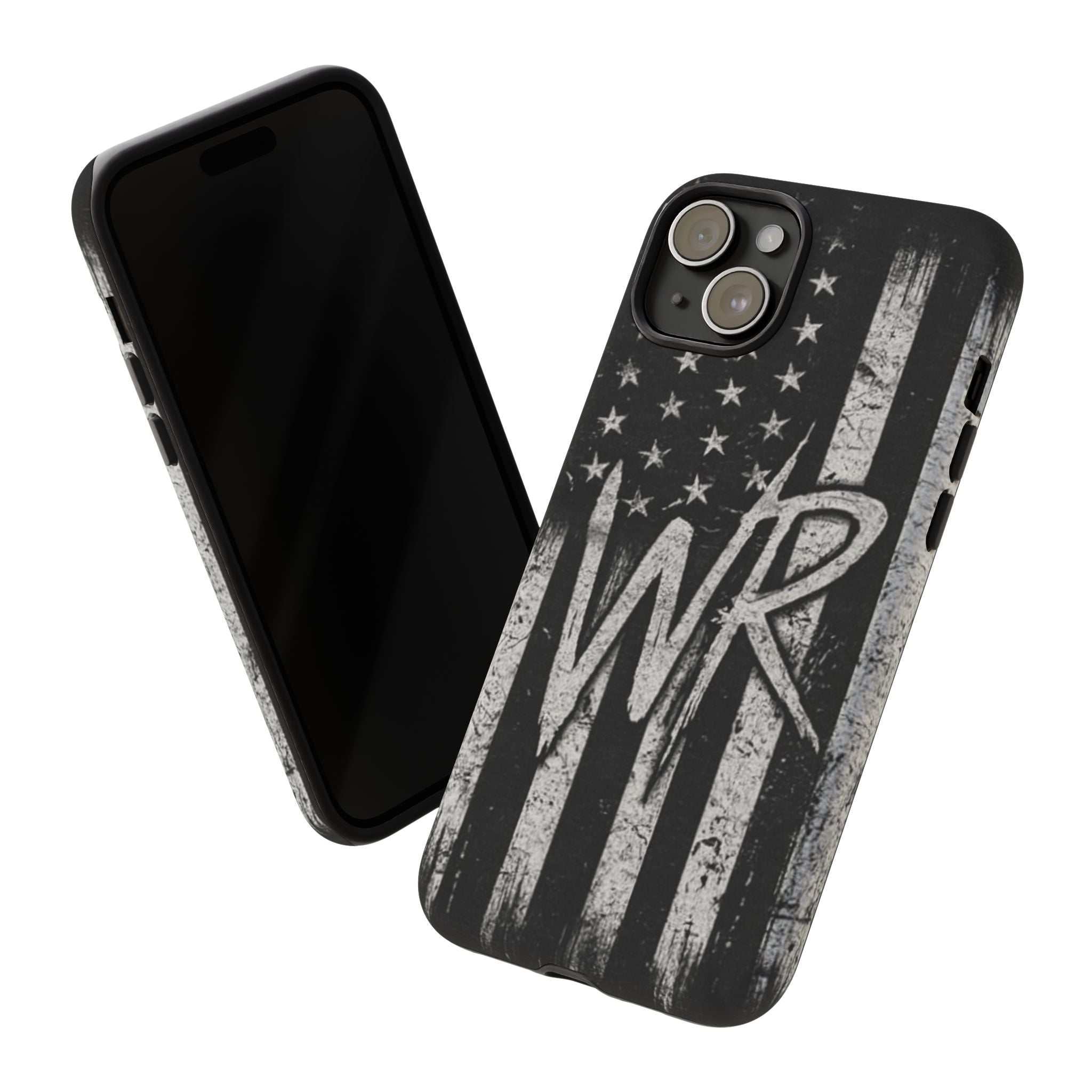 Distressed American flag design on Patriotic Monogram Tough Phone Case featuring initials WR by Printify.